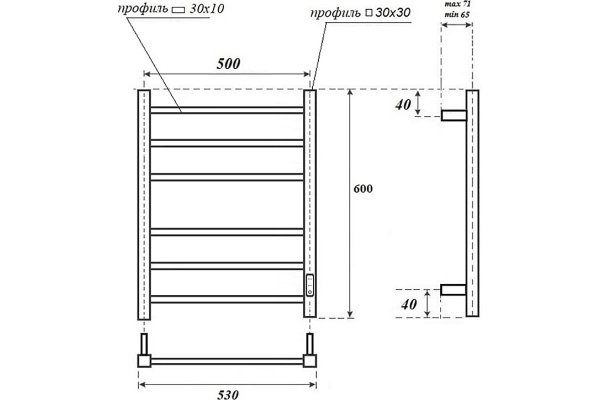 Полотенцесушитель В60*Ш50 электрический лесенка черный матовый PN83856B