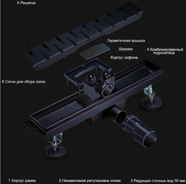 Трап-лоток 70*600 D40/50 решетка черный матовый