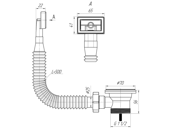 Выпуск для мойки 1 1/2 с квадратным переливом  N105
