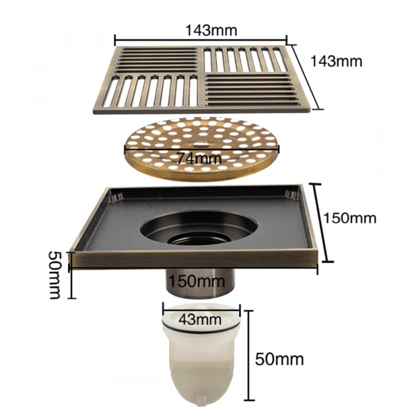 Трап D50 прямой 150*150 решетка бронза