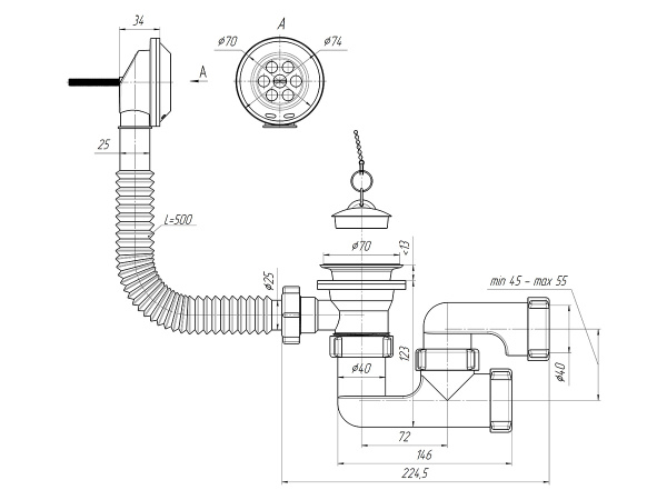 Обвязка для ванны с пробкой 1 1/2 без гофры  Е250